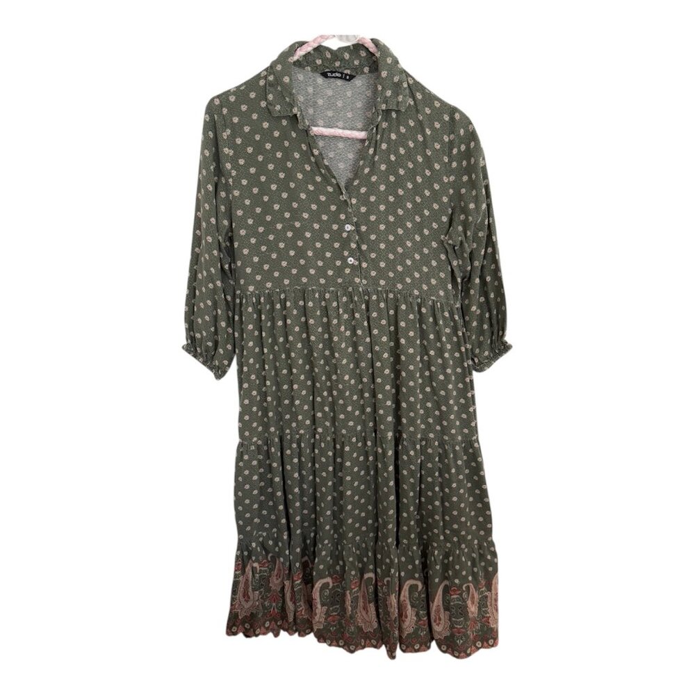 Ruffled Tiered Ditsy Floral Midi Dress Sz S Puff Sleeve Cottagecore Peasant Boho